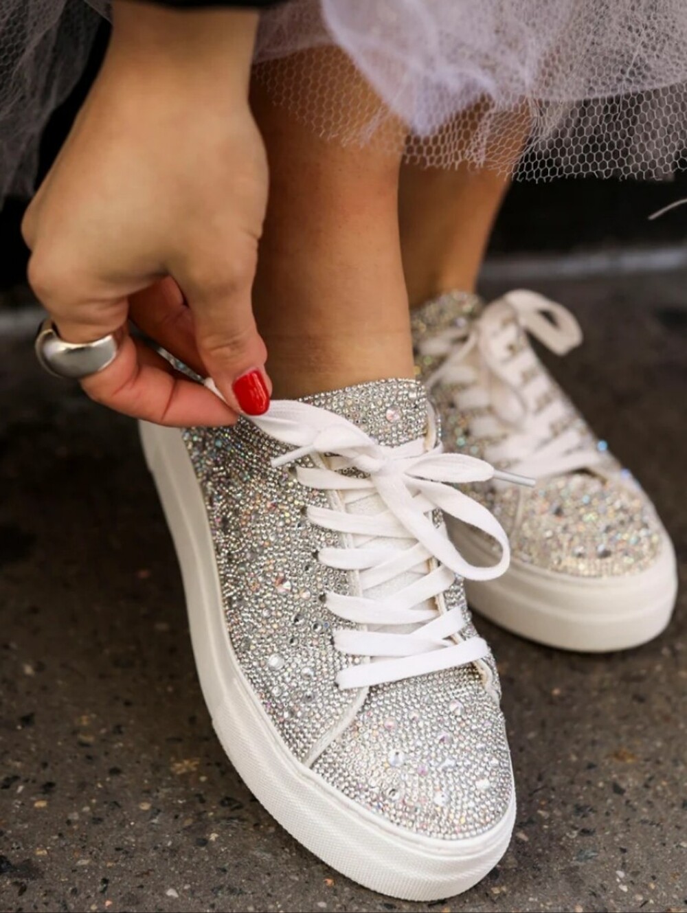 Betsey Johnson Silver Crystal Lace-Up Sneakers